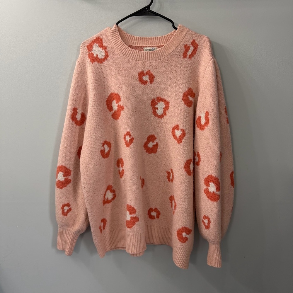 Terra & Sky Pink Crewneck Sweater with Coral Leopard Spots 2X